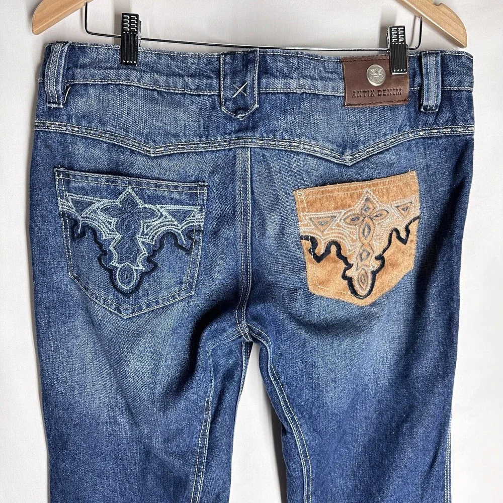 Antik Womens Denim Y2K Mid-Rise Blue Distress Patchwork Cow Girl Jeans Size 32 - Picture 6 of 10